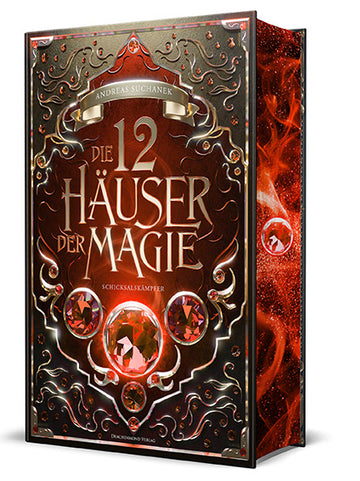 Das Cover ist mittig dunkelrot und hat in den Ecken und am Rand goldene bis braune Schnörkel und kleine rote Kristalle. In der Mitte des Covers ist groß der Titel abgebildet. Über dem Titel befindet sich ein kleines Banner, auf dem der Name des Autors steht. Unter dem Titel befindet sich ein großer roter Kristall, an dessen Seiten jeweils ein mittelgroßer roter Kristall zu sehen ist. Mittig unter dem großen Kristall befinden sich ebenfalls noch zwei jeweils kleinere rote Kristalle untereinander.